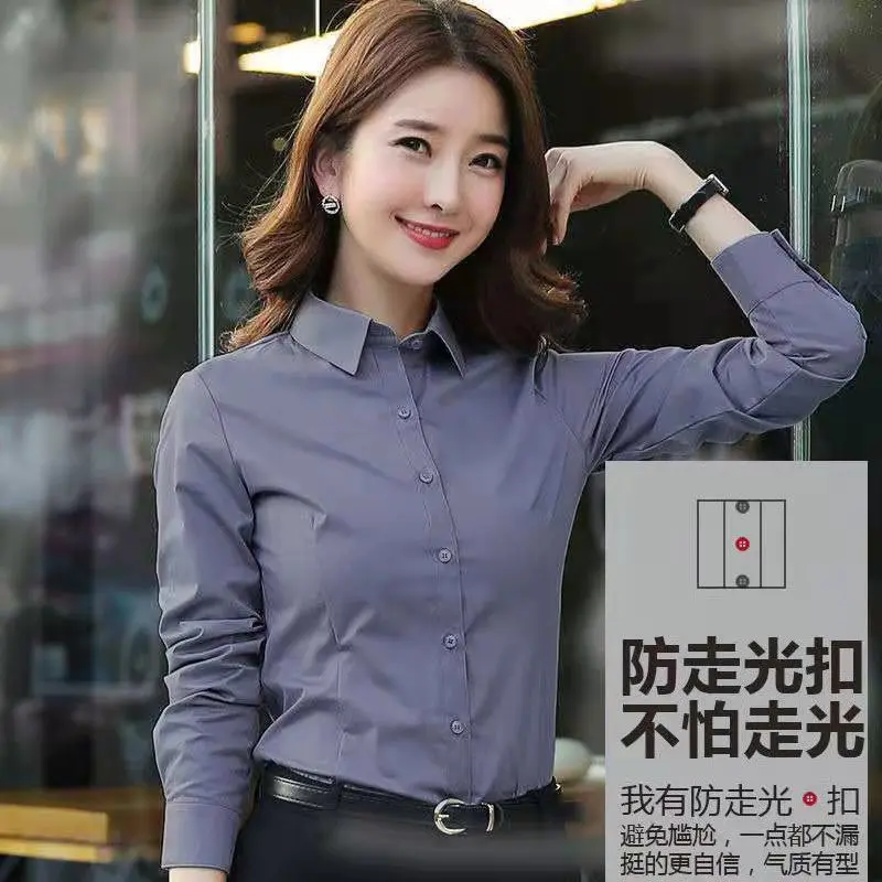 Áo Sơ Mi Trang Phục Công Sở Màu Xám, Áo Sơ Mi Nữ Dài Tay Thanh Lịch Hoang Dã Ngoại Cỡ Màu Trắng, Quần Áo Làm Việc Áo Sơ Mi Lớp Nền Hàng Mới Về 2024
