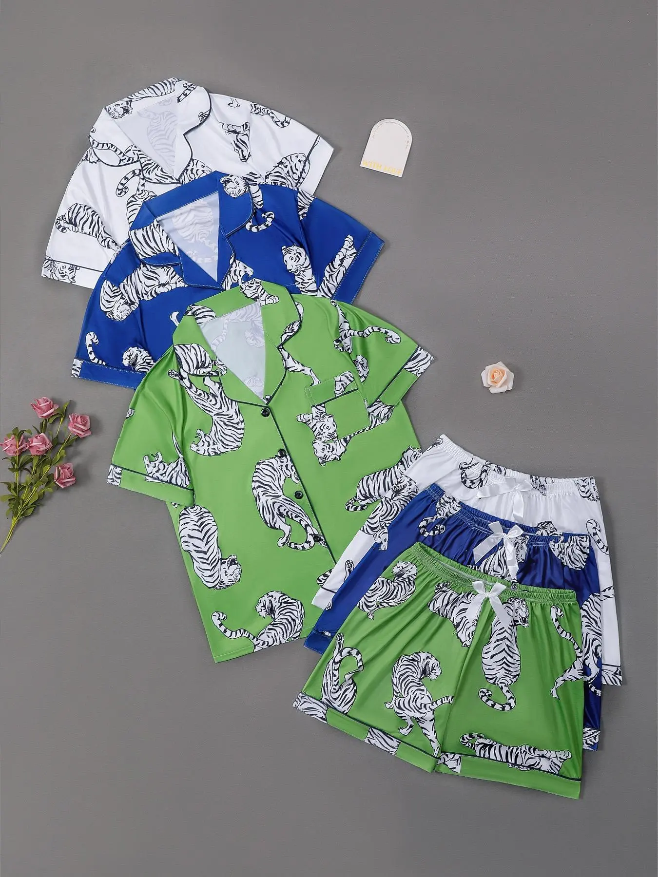 Two-piece Set (3 Sets) Women's Animal Print Pocket Button Front Blouse & Bow Decor Shorts Loungewear Set, Printed Short Sleeve Collar Button Up Top & Elastic Waist Shorts PJ Set, Casual Comfy Sleepwear Set for Women