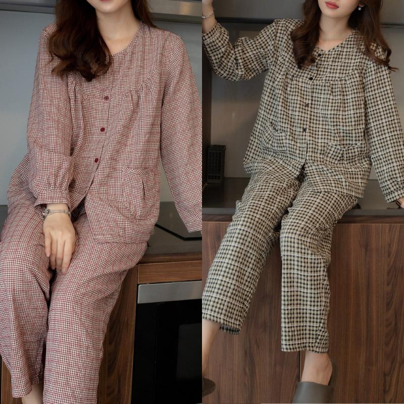 K47 Đồ bộ pijama dài tay áo quần có túi kẻ caro cao cấp mềm mịn, mát khi mặc
