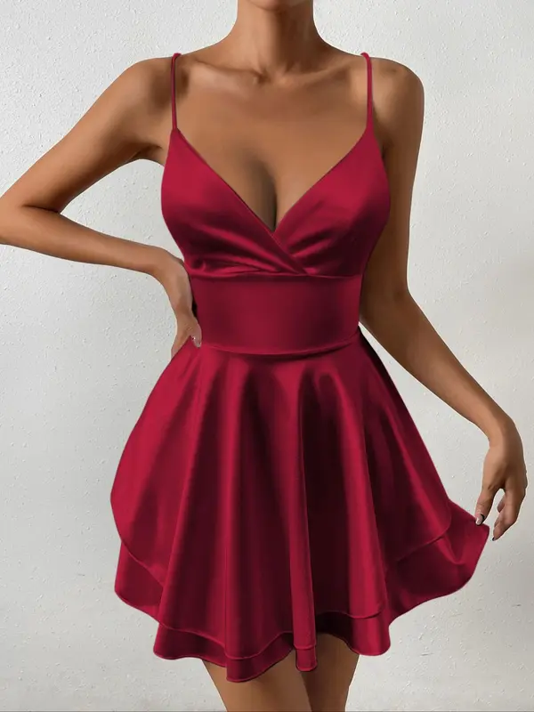 Women's Lace Up Backless Tiered Layer Ruffle Trim Cami Dress, Elegant Solid Wrap Sleeveless A Line Short Dress for Party Club Dating Wear, Ladies Summer Clothes Formal Womenswear 3