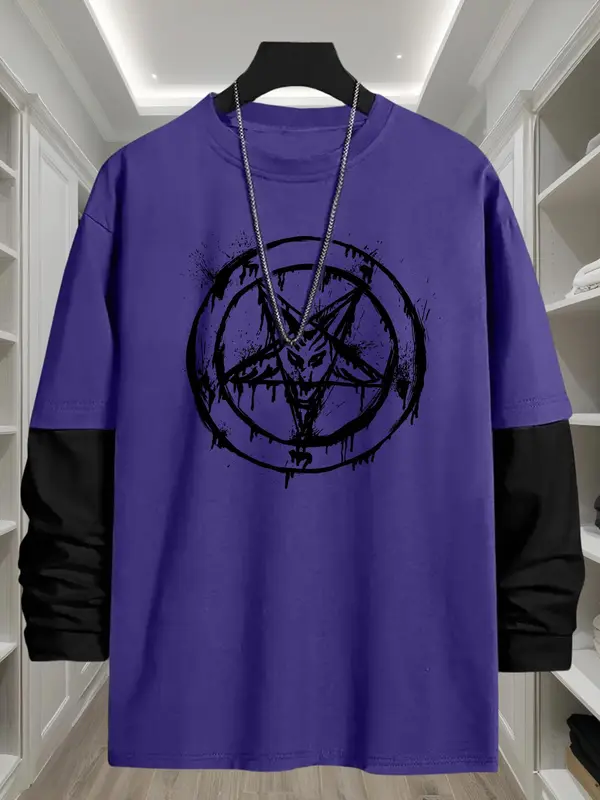 Men's Gothic Style Pentagram Print Long Sleeve Tee, Casual Comfy Loose Fit Crew Neck T-shirt for Daily Wear, Fashion Men's Top for All Seasons 2