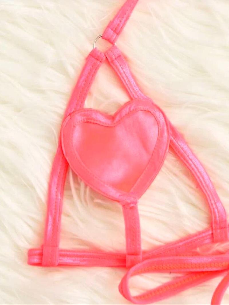 Product Introduction of Women's Heart Design Cut Out Ring Linked Sexy Lingerie Set, Chic Sexy Halter Neck Tie Back Bra & Tie Side Thong Set, Ladies Underwear Set for Indoor Wear 19