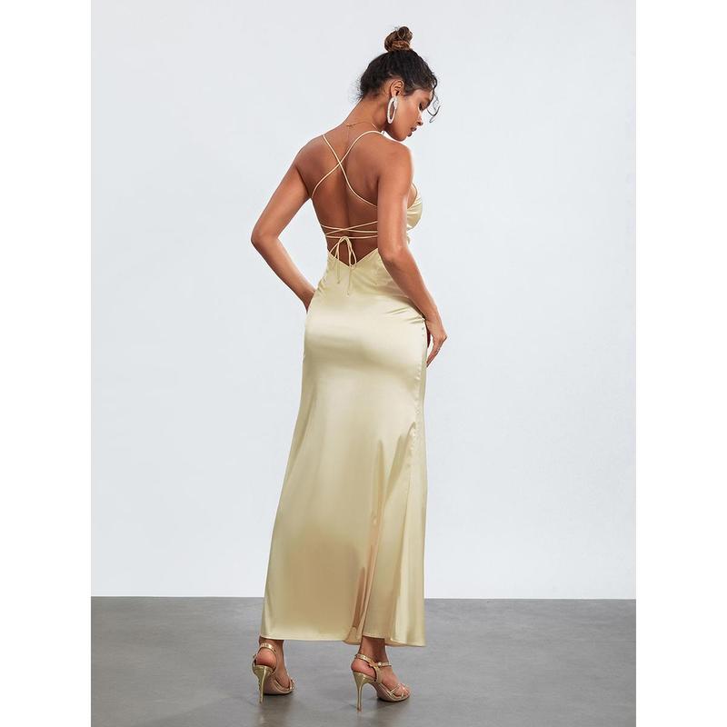 Product Introduction of Women's Summer Long Slip Dress Solid Color Sleeveless Spaghetti Strap Low Cut BacklessDress 33
