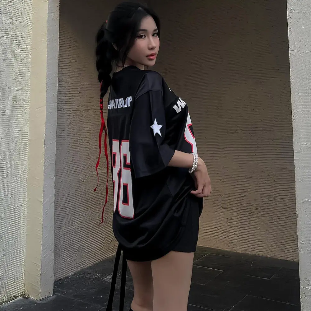 Couple's Jersey black fashion oversized T-shirt V-neck women's short sleeve T-shirt casual plus size quick dry Jersey tee