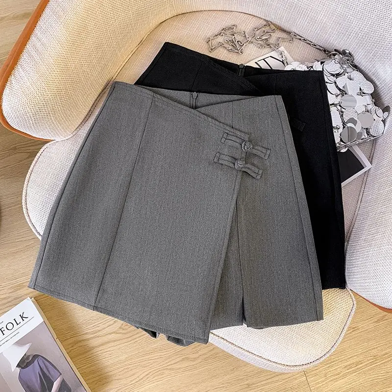 Irregular Short Culottes Summer Plump Girls High Waist Suit Casual Pants Slim A- line New Chinese Style Skirt Women Clothing Fashion Fit Bottom Comfortable Light Pocket Polyester Satin Spandex Lingerie Lady Basic Minimalist Womenswear Accessory Clothe