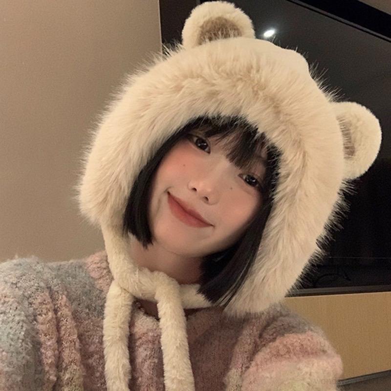 Mũ trùm đầu vải bông mềm mại mùa đông chống lạnh cho nữ mũ len tai gấu ấm áp lông thỏ dày xinh xắn đáng yêu Voi Hat