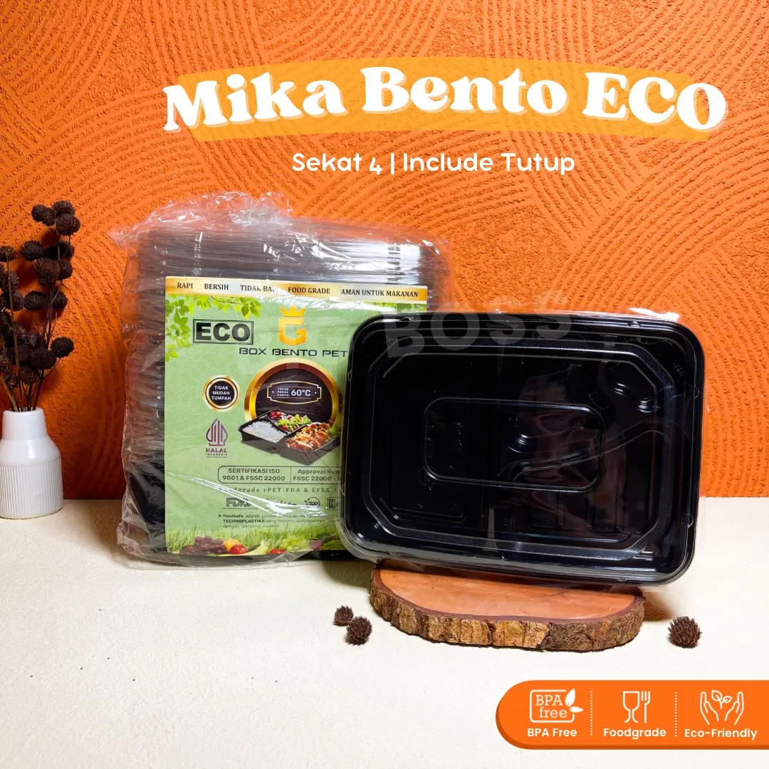 [50PCS] Mika Bento Sekat 4 ECO / Box Bento + Tutup Food Grade Tahan Panas / Catering Box