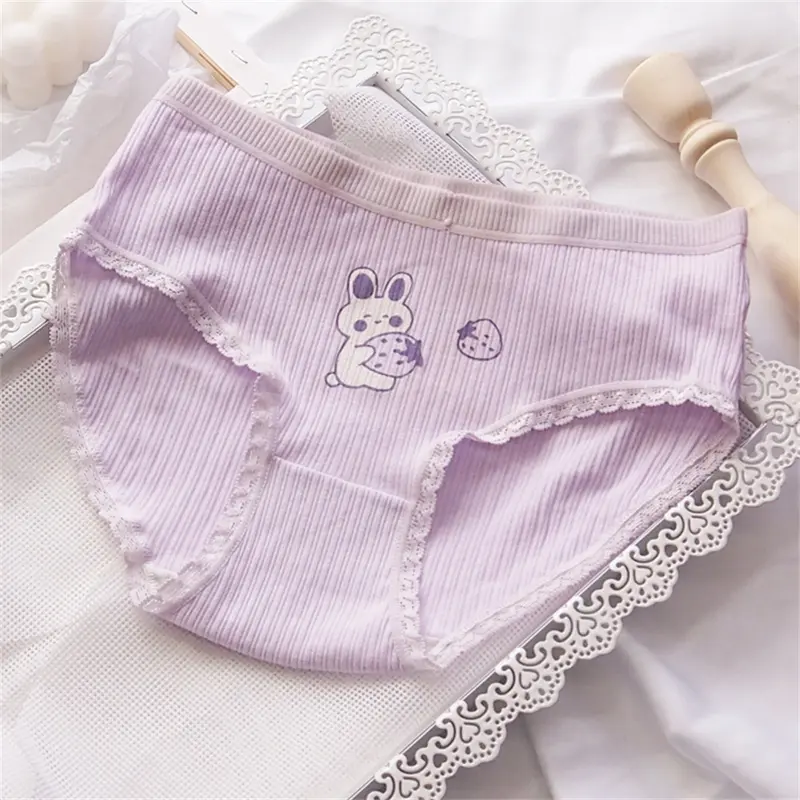Quần Lót Màu Tím Cho Nữ, In Hình Thỏ Dễ Thương, Cạp Trung, Làm Bằng Cotton, Thoáng Khí Và Thoải Mái, Thích Hợp Cho Học Sinh Và Thể Thao, Đồ Lót Dễ Phối Đồ 5