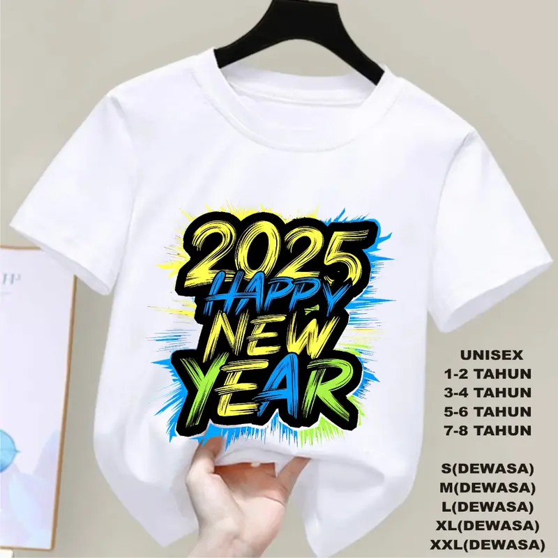 KAOS HAPPY NEW YEAR 2025 TULISAN DTF, KAOS ANAK ANAK, KAOS DEWASA UNISEX , KAOS OBLONG 5