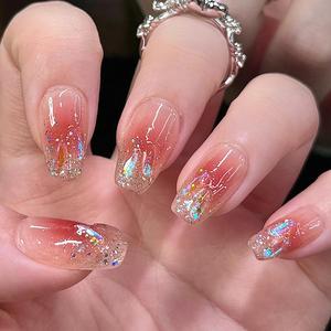 グリッターフェイクネイルキット 24枚セット ミディアムコフィン型 プレスオンネイル 女性・女の子用 DIYネイルアート エレガントなシールネイルキット マニキュアアクセサリー