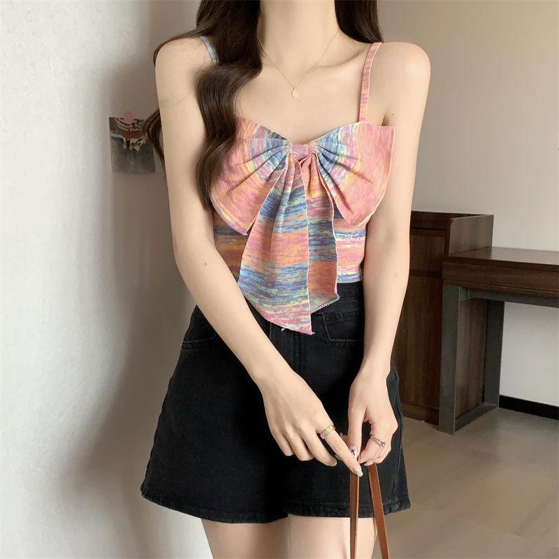 Product Introduction of Sweet and Spicy Style Striped Small Sling Vest Women's Summer Inner Wear Outer Wear Design Sense Niche Bow Sleeveless Short Top turtleneck  tank Lingerie Plaid Spaghetti Strap tank  top camisole  tops baby  tee 28