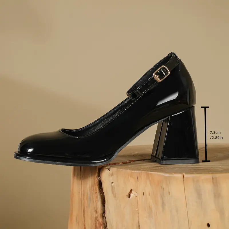 2024 New Women's Glossy Black Mary Jane Heels - Chunky Mid Heel, Square Toe, Slip-Resistant Rubber Sole, Synthetic Cover for Fall Fashion & Professional Wear, Cute Heels, Formal Occasions, Elegant Design, Durable Construction, Stylish Shoes  Girl Classy 7