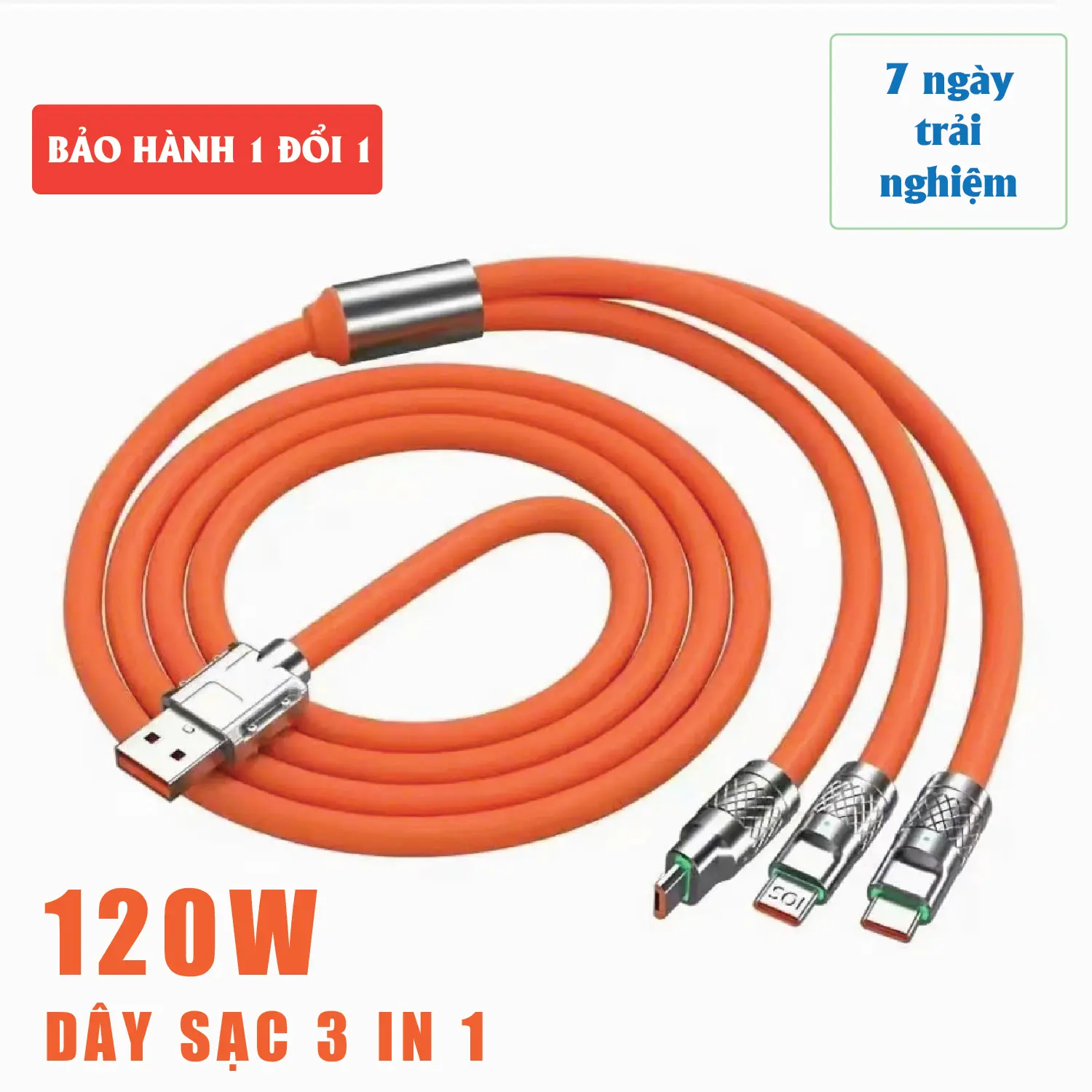 Cáp Sạc Nhanh 3 Đầu 120W Dài 1.2m - Cáp sạc hợp kim kẽm, có đèn LED, siêu bền. Dây Sạc 3 Trong 1, Dây sạc 3 in 1, Cáp sạc điện thoại,