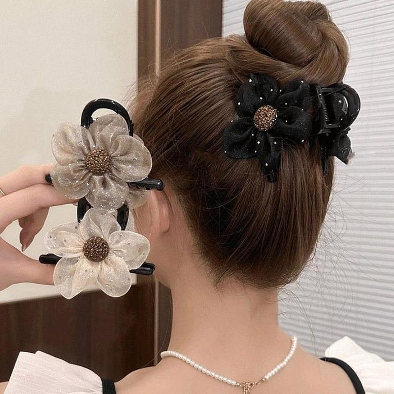 Càng Cua Tóc Hoa Kim Cương Giả Lưới, Dành Cho Nữ, Thời Trang Hàn Quốc, Phong Cách Càng Cua Hoa Hướng Dương Đen, X4X6 1