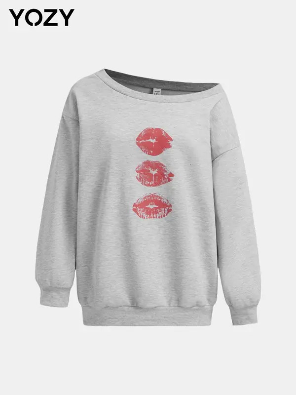 YOZY Women's Lip/Cherry/Billiard Ball Print Asymmetrical Neck Sweatshirt, Casual Drop Shoulder Long Sleeve Pullover for Spring & Fall, Ladies Clothes for Daily Wear 1