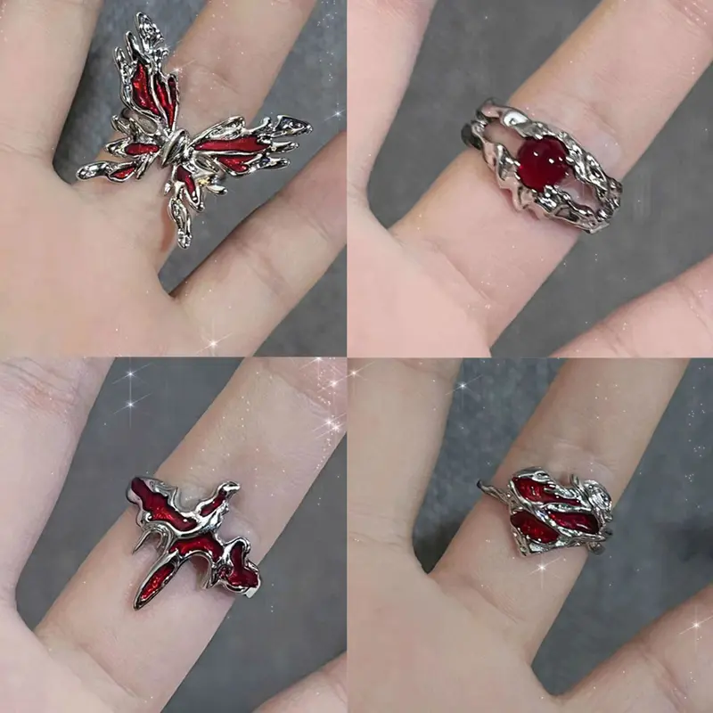 Nhẫn Thẩm Mỹ, Thiết Kế Hình Bướm Chữ Thập Phong Cách Punk Mới, Hình Trái Tim Thủy Tinh Đỏ Bất Đối Xứng Dành Cho Nữ, Nhẫn Nhện Động Vật Gothic Y2K, Đồ Trang Sức Sáng Tạo, # 465379 5