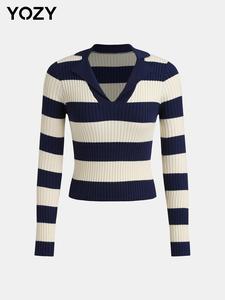 YOZY Women's Colorblock Striped Print Lapel Neck Sweater, Casual Long Sleeve Jumper for Fall & Winter, Fashion Ladies' Knitwear for Daily Wear