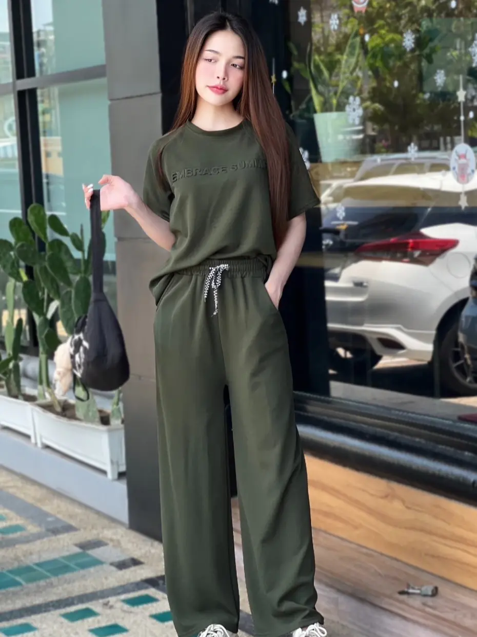 5 colors ชุดเซ็ท ผู้หญิง เสื้อ+ กางเกงขายาว ไซส์ใหญ่ เสื้อยืดปักลายตัวอักษรนูน เสื้อยืดลาย กางเกงเอวยางยืดTZ9984 Women Clothing