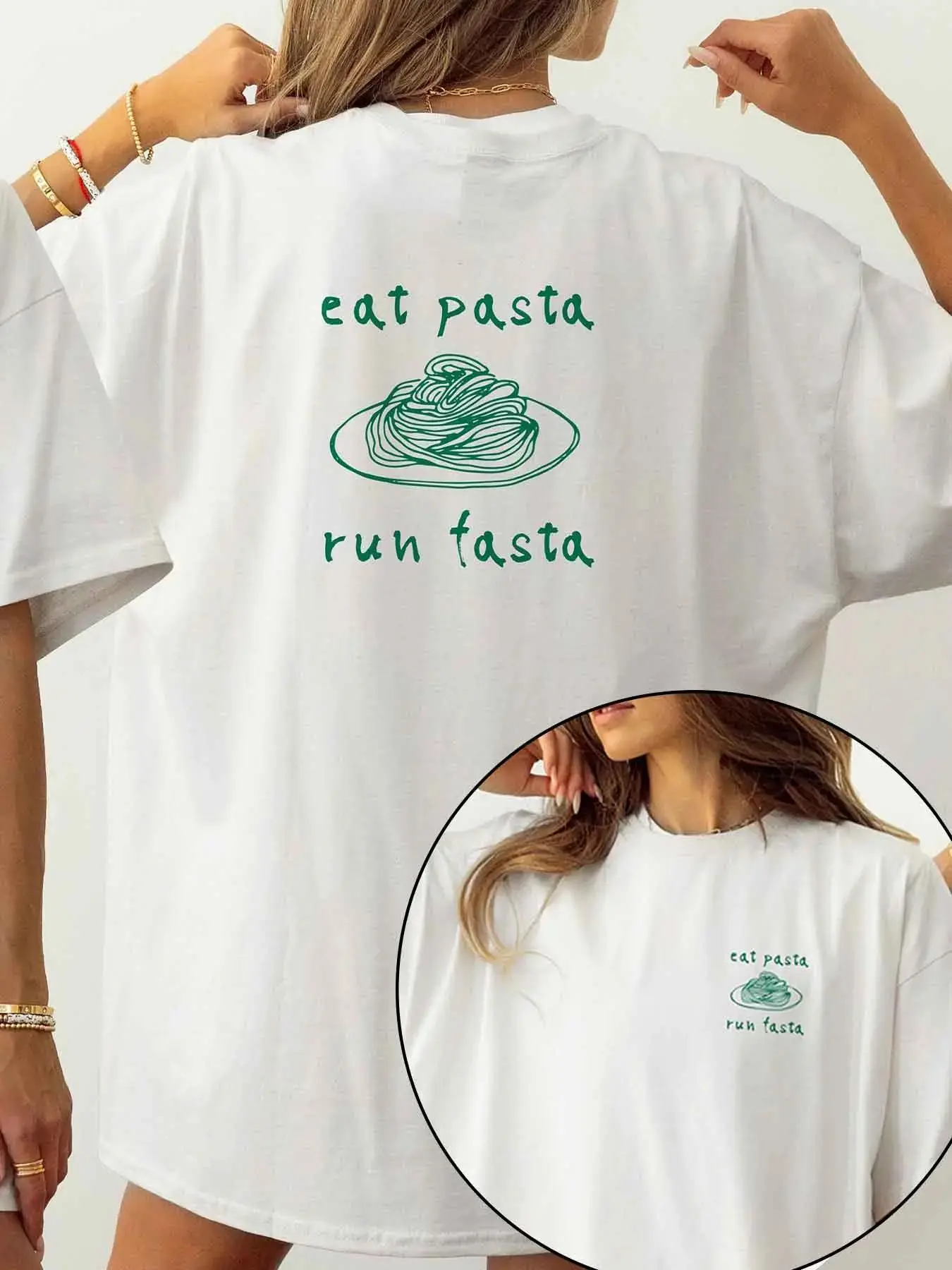 Women's Eat Pasta Run Fasta Funny Graphic Tee, Casual Pastaria Lover Short Sleeve T-shirt for Summer, Ladies Clothes for Daily Wear
