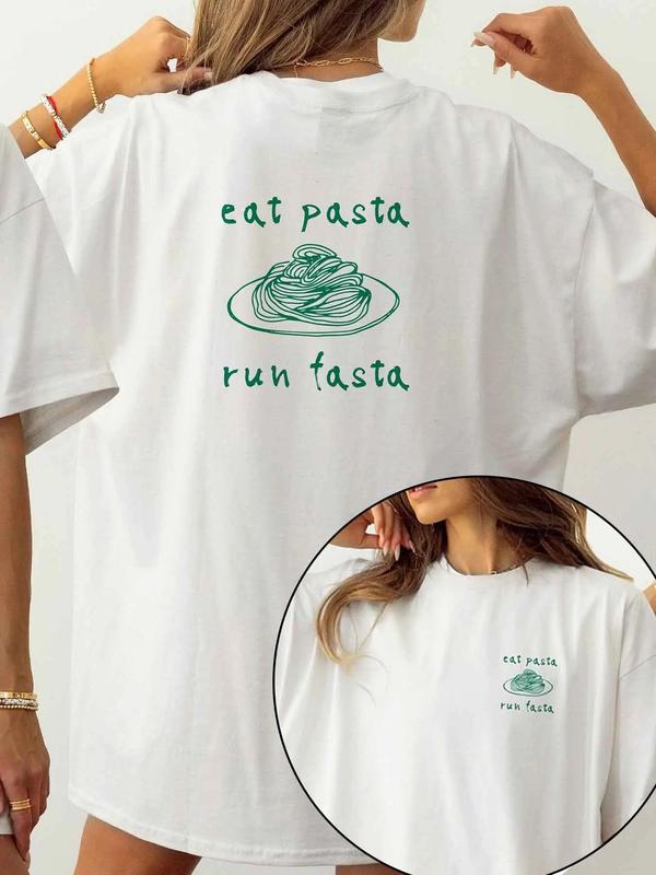 Women's Eat Pasta Run Fasta Funny Graphic Tee, Casual Pastaria Lover Short Sleeve T-shirt for Summer, Ladies Clothes for Daily Wear 0