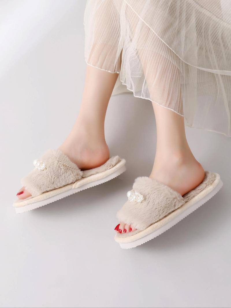 Product Introduction of Women's Faux Pearl Decorated Plush Slippers, Casual Soft Comfortable Home Slippers, Warm Slippers for Indoor & Outdoor Use for Women & Girls 14