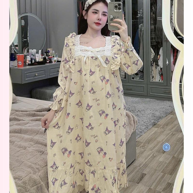 Váy ngủ mặc nhà đầm dáng dài cổ bèo tay dài  tiểu thư dễ thương kute chất đũi lạnh LANUTA Nữ 3