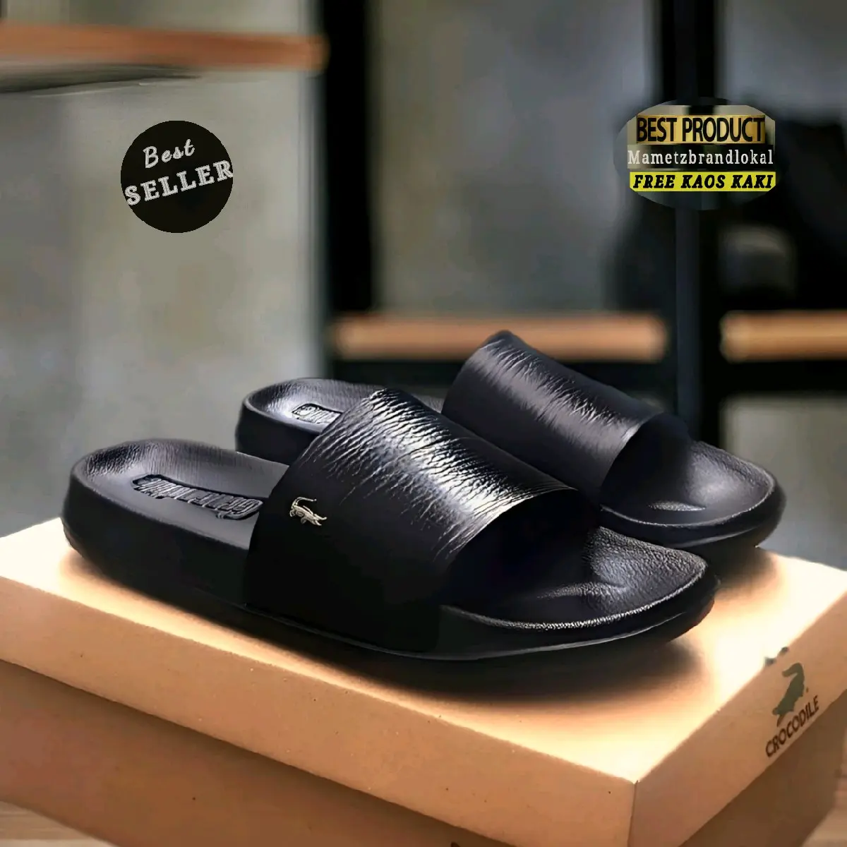 Best Quality - Sandal Selop Pria Slide Morgan Kulit Sapi Asli Serat Kayu - Sendal Cowok Keren Dewasa Kekinian Promo Murah Berkualitas anti slip - Slop Kasual Hitam Murah