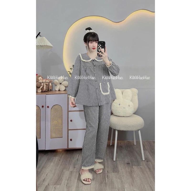 Bộ bầu bộ sau sinh - Bộ dài tay đũi kẻ xốp cổ sen viền ren 3