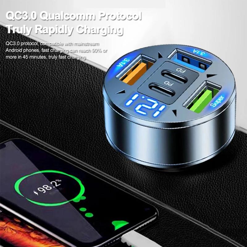 Bộ sạc ô tô, 250W, 5 cổng, Sạc nhanh, Tương thích với PD, QC3.0 và USB C, Bộ Chuyển Đổi sạc điện thoại trên ô tô, Với điện áp, Thích hợp cho tất cả các điện thoại 1