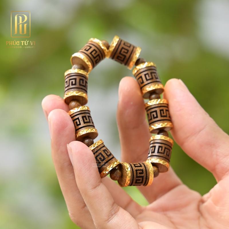 Vòng Trầm Đốt Trúc Tốc Vườn Khắc Họa Tiết Khoen Mạ | Trầm Hương Phúc Tử Vi ( mua một tặng một hộp gấm, dây dự phòng)