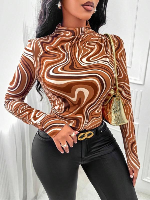 Women's Marble Print Mock Neck Tee, Elegant Casual Long Sleeve T-shirt for Daily Wear, Ladies Clothes for All Seasons 4