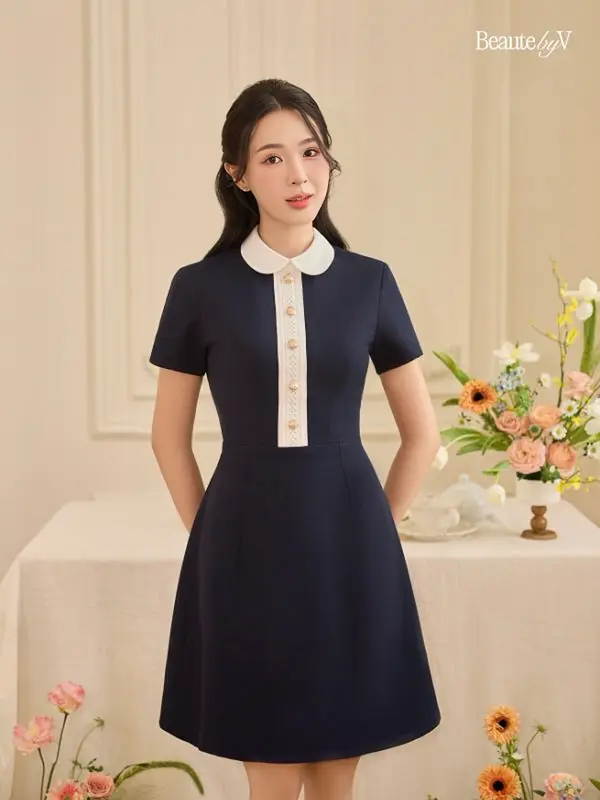 BEAUTEBYV - Váy nữ dáng A phối cổ sen trắng đính cúc giả trang trí Hazel 2