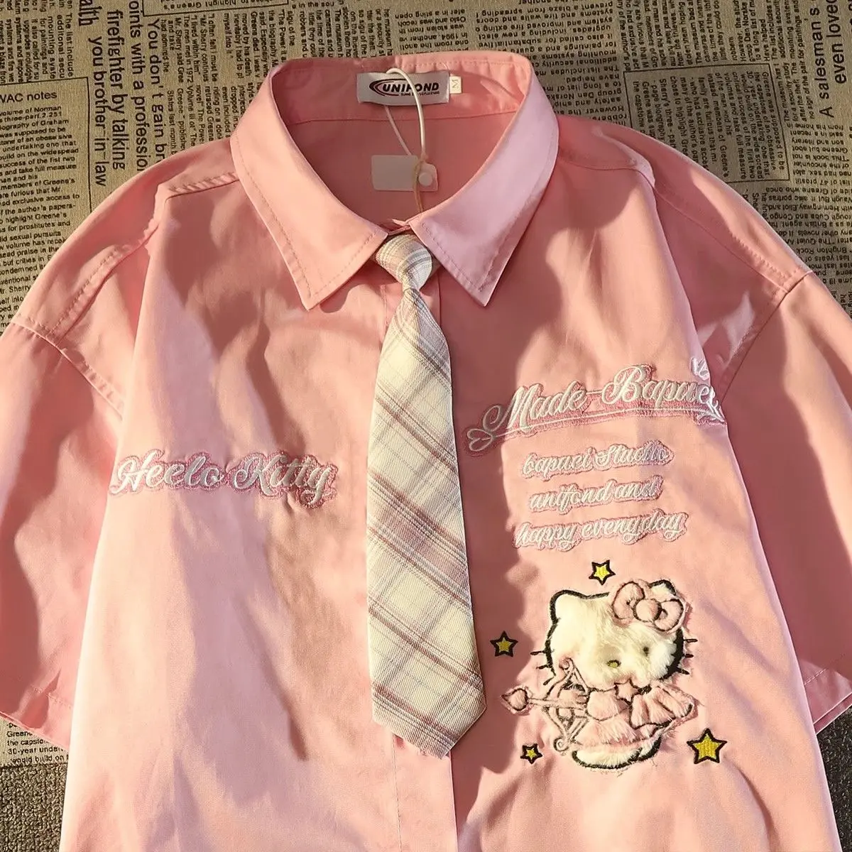 Áo Sơ Mi ngắn Tay Thêu Hình Mèo Kitty Dễ Thương, Cổ Polo, Thích Hợp Cho Trang Phục Mùa Hè Của Phụ Nữ, Phong Cách Preppy, Thiết Kế Dáng Rộng Rãi Độc Đáo