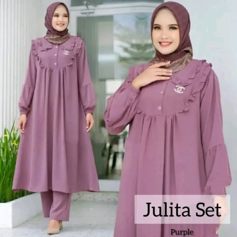 Stelan Wanita Muslim // Julia Set Tunik Hitam Polos Kantong 2