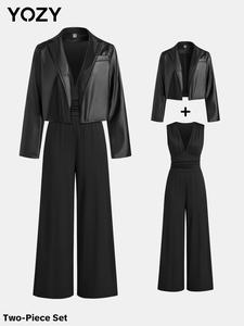 YOZY Women's Solid Color Ruched Sleeveless Jumpsuit & Button Front PU Leather Jacket Set, Ladies Clothes for All Seasons