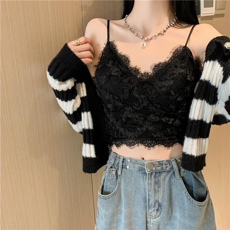 Áo Bra Hoa Hồng Nổi Cổ Tim Có Mút Freesize đến 55kg mặc xinh Top Nữ 0