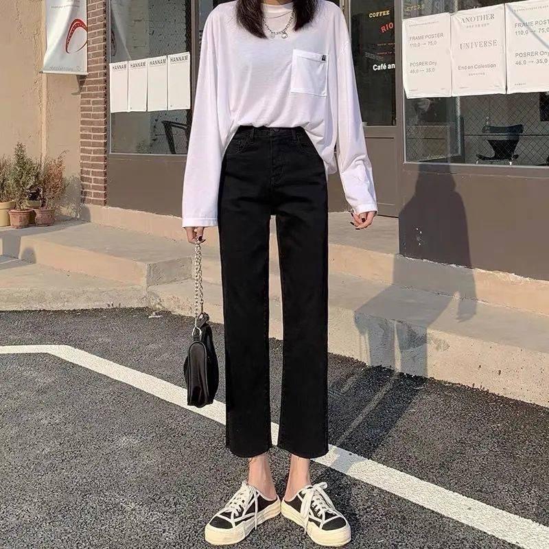 [ Full size 35-100kg] quần jeans giấy ống đứng co giãn cạp cao, Chất bò giấy co giãn 4 chiều,loại đẹp Nữ Women Ong Pants Denim Đen có thể giặt máy không có 0