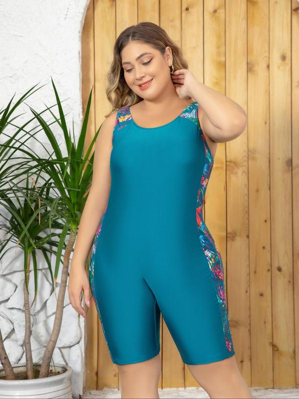 Plus Size Women's Leaf Patchwork Print One Piece Swimsuit, Boho Scoop Neck Cami Swimwear, Bathing Suits 2024, Summer Outfits 2024, Summer Tummy Control Curve Swimwear 4