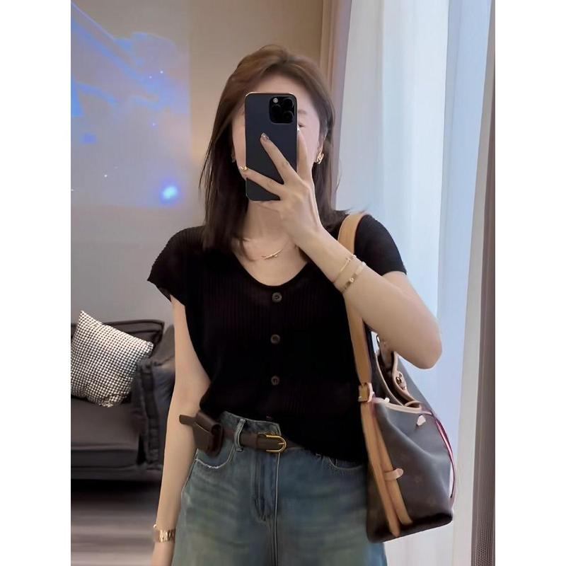 Áo Thun, ngắn Tay, Cổ Chữ V, Chất Liệu Lụa Lạnh Đồ Len, Dành Cho Nữ, Bộ Sưu Tập Mùa Hè Mới 2024, Mỏng Và Thoáng Khí, Dáng Rộng Vừa Vặn, Dễ Phối Đồ, Áo Dệt Kim 7