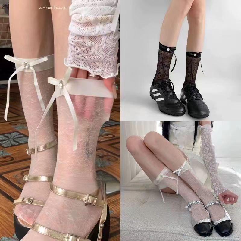 Product Introduction of New thin socks, summer ballet style, thin and versatile, rhinestone bow stockings, lace socks 8