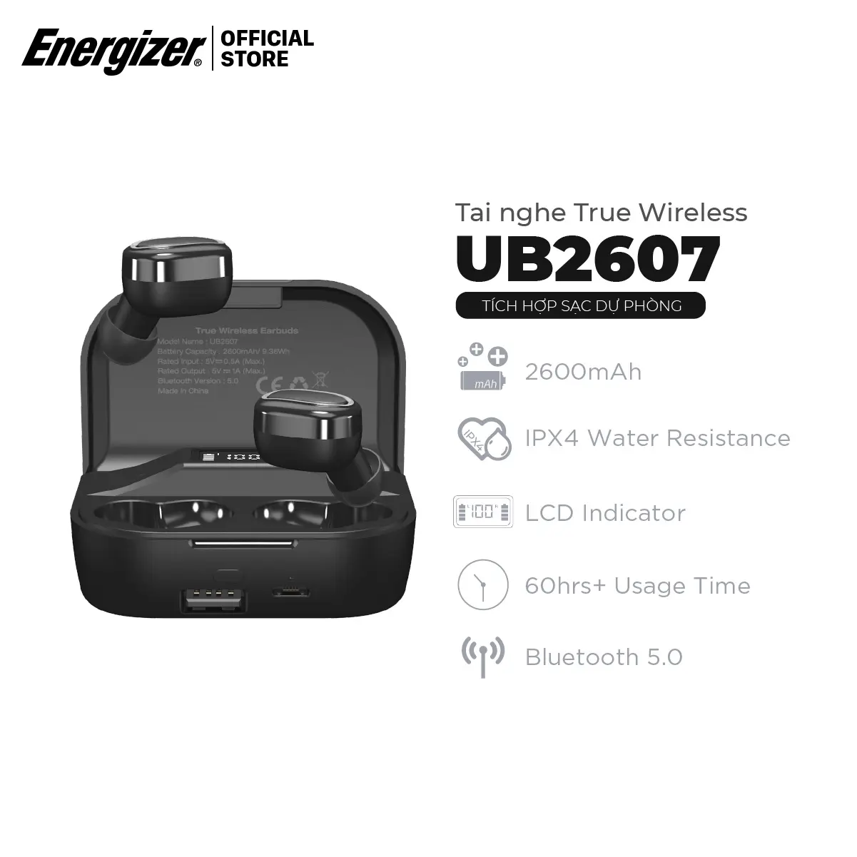 Tai nghe True Wireless Stereo Energizer UB2607 - tích hợp sạc dự phòng 2600mAh, thiết kế nhỏ gọn, âm thanh chuẩn HD - Hàng chính hãng