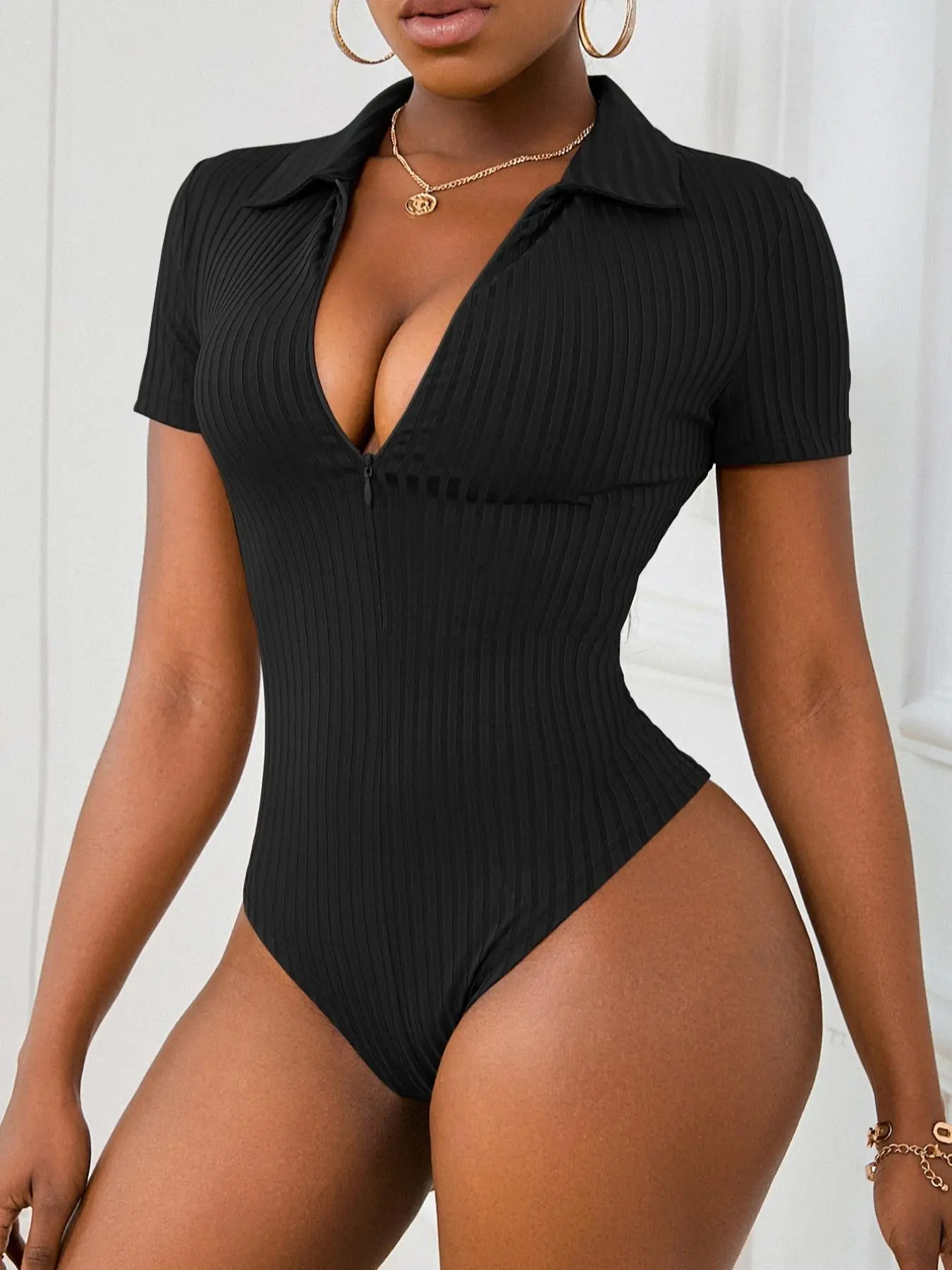 Women's Solid Color Zip Front  Bodysuit, Casual Comfy Breathable   Bodysuit for Daily Wear, Ladies Clothes for Summer