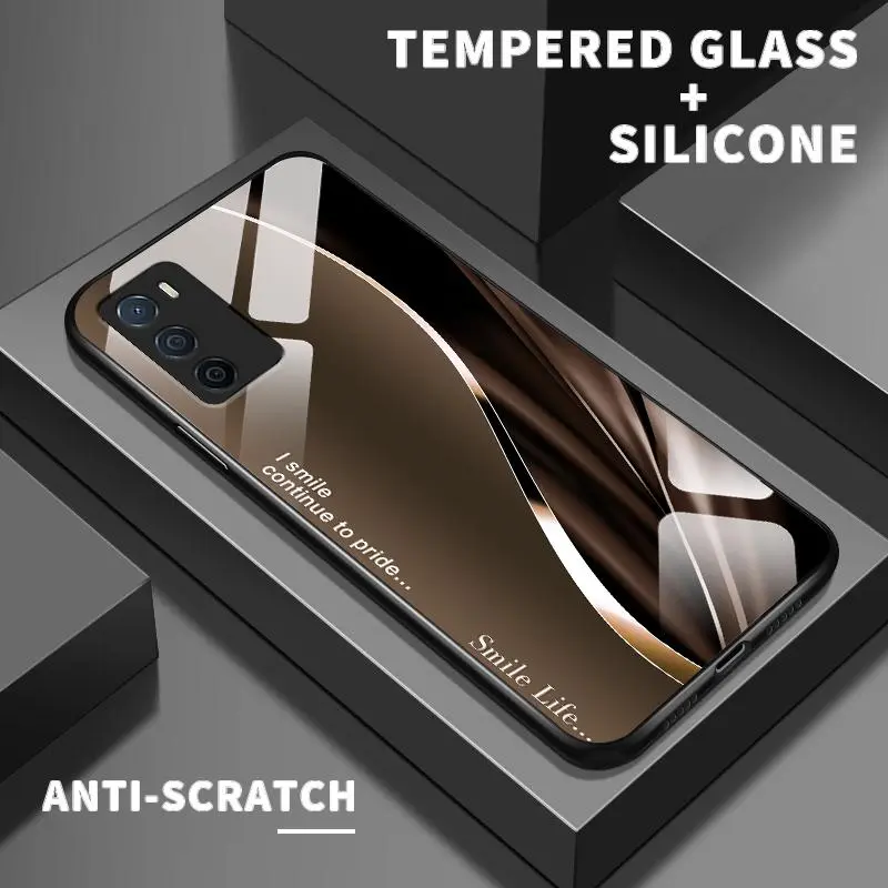 Case For OPPO A16 A16s A16K A16e A11A11x A11K A12 A12s A12e A15 A15s A17 A18 Tempered Glass Simple Metalized Pattern Silicone Back Hard Cover Casing Ponsel