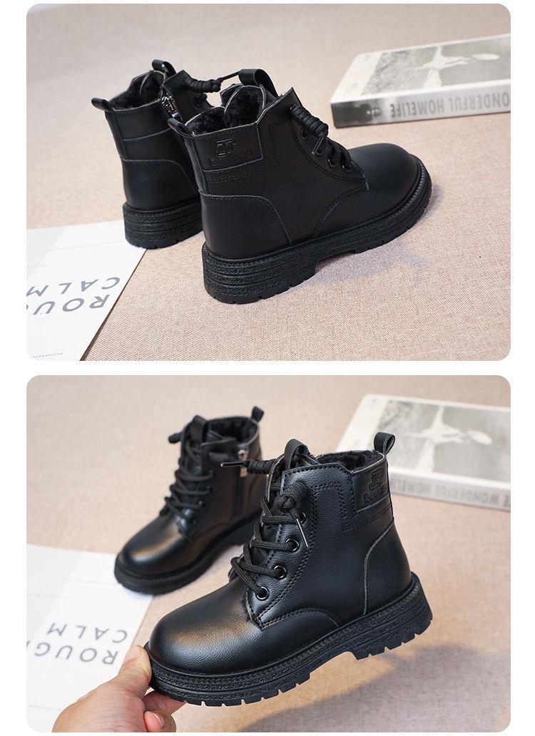 Product Introduction of HK Children's Martin Boots Boys' Winter Fleece-Lined Cotton Boots 2024 New Girls' Snow Boots Genuine Leather Rhubarb Boots military  boots boy kids boots  boy  kids 18