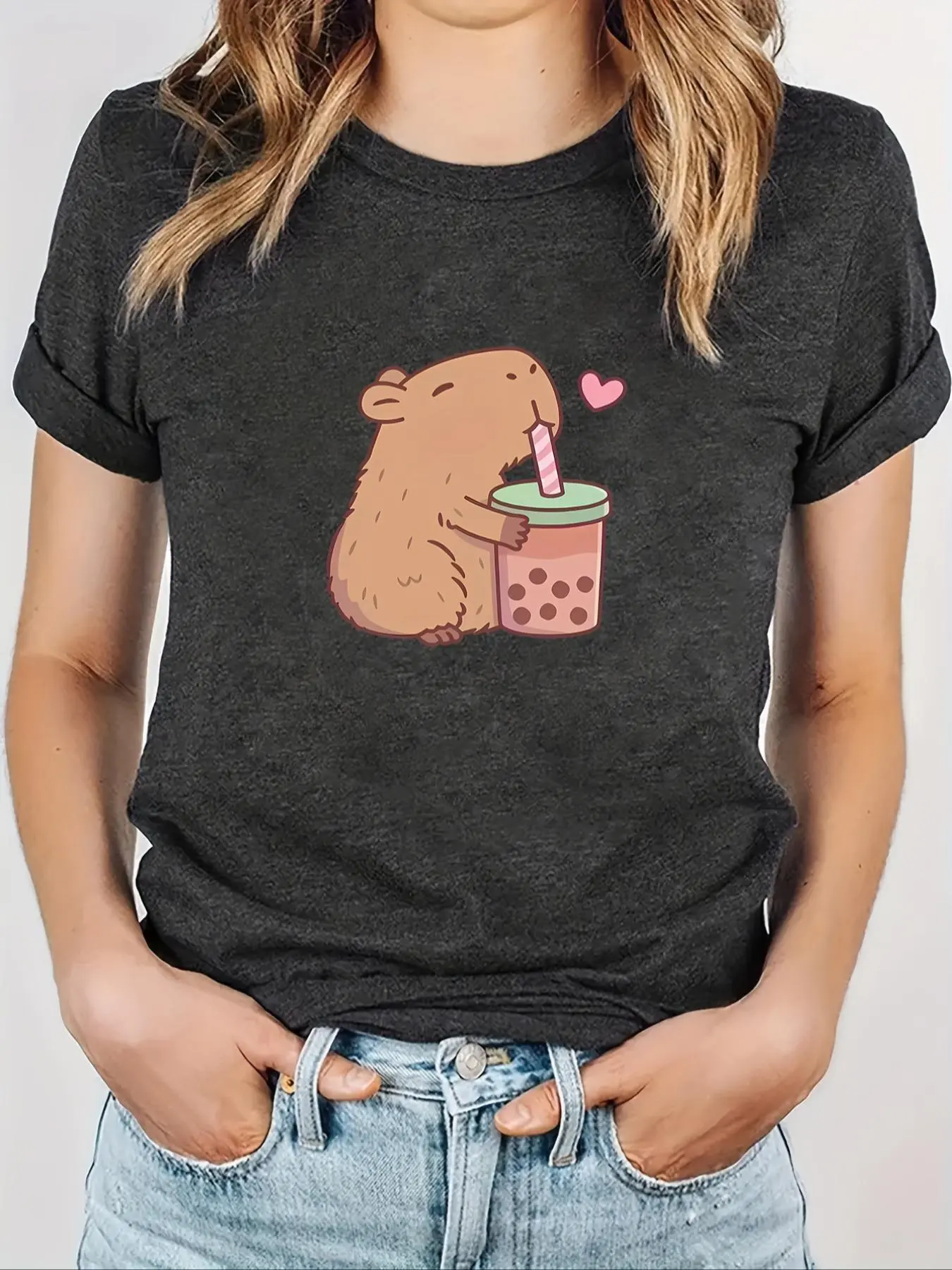 Women's Cartoon Capybara & Milk Tea Print Round Neck Tee, Fashion Casual Crew Neck T-Shirt for Daily Holiday Vacation Outdoor Wear, Ladies Clothes for All Seasons