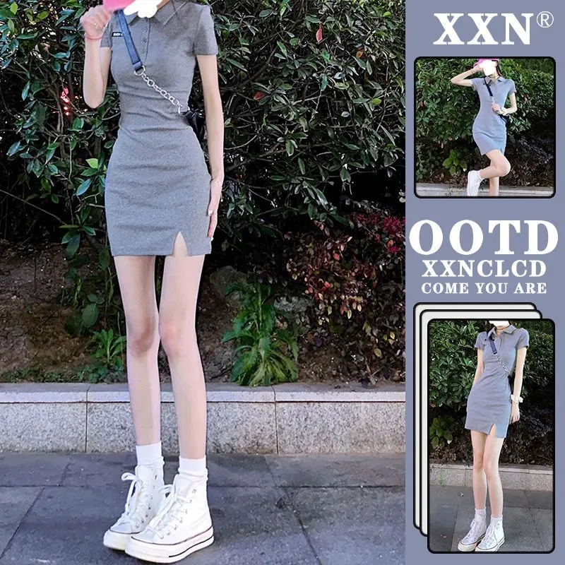 Váy Bodycon Ôm Sát Phong Cách Mới, Váy Polo Xám Bó Sát Eo, Dành Cho Nữ, Váy Mùa Hè, Thiết Kế Cô Gái Nóng Bỏng Dễ Thương Và Gợi Cảm, 2024