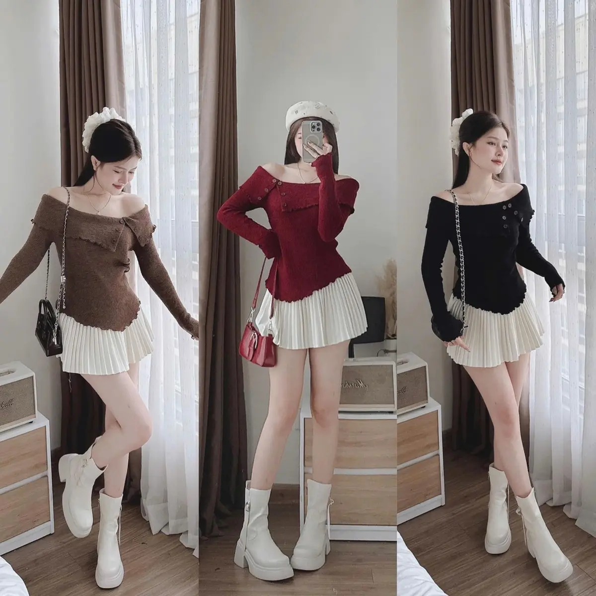 Áo  trễ vai khuy len lông thỏ đẹp nét  mềm  mịn hàng qc