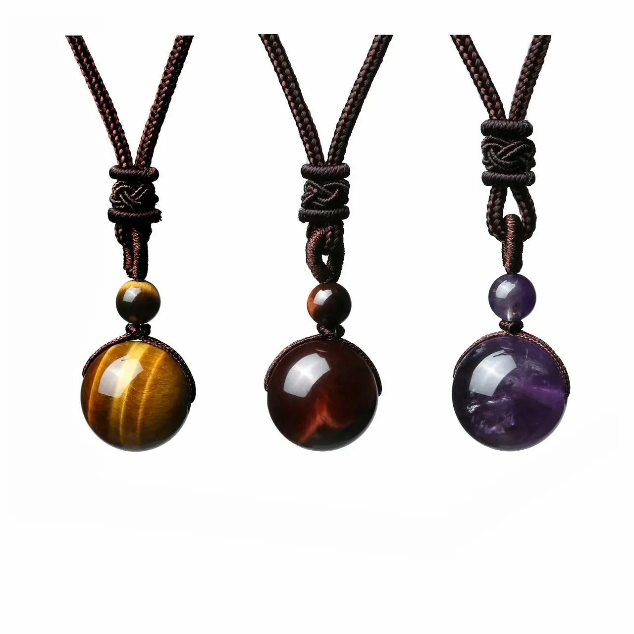 16MM Tiger Eye Stone Necklace with Natural Obsidian Amethyst