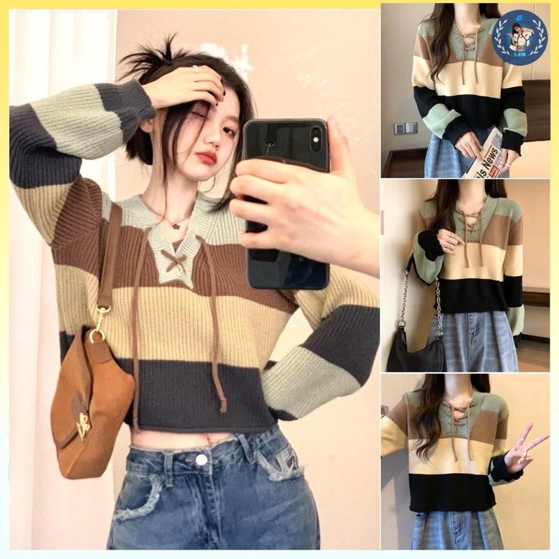 [A071] Áo len thun nữ Montoghi hàng dệt kim cổ chữ V TAY DÀI có DÂY RÚT CỔ dáng rộng kẻ sọc phong cách Hàn Quốc - L2M (Top Women Fashion ) 【 hoa hồng  【 Hỏa tốc  