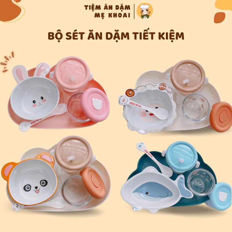 Set bát ăn dặm tiết kiệm Mumbebe , bát nhựa kèm thìa và cốc tập hút, bộ bát thìa cốc ăn dặm mix sẵn cho bé 6m xìa